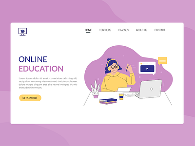 Landing page adobeiiustrator computer design education girl graphic design hand draw illustration landing page laptop online education online learning people school student vector