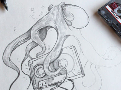 old mixes never die graphite illustration mixtape octopus pencil drawing