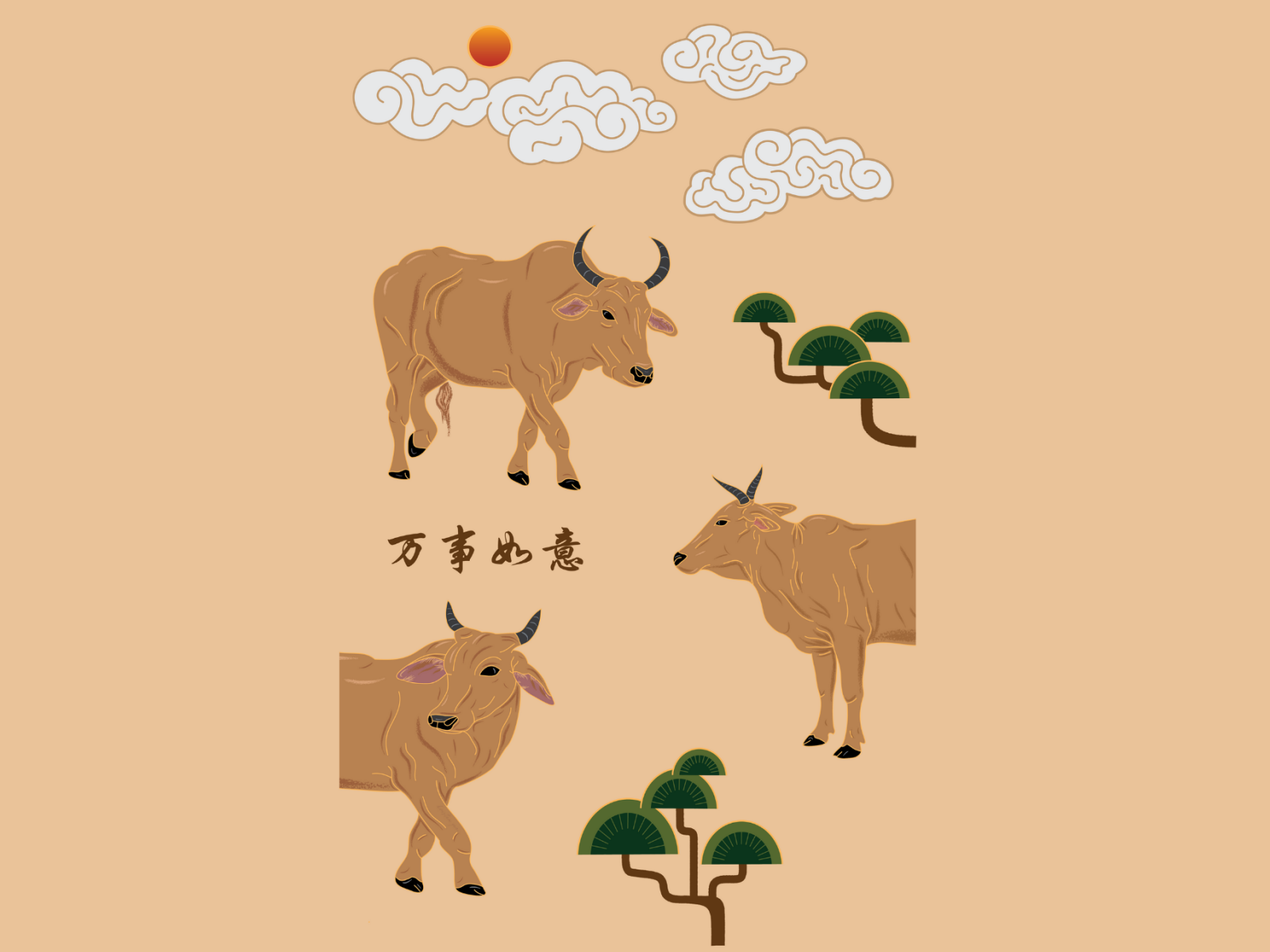 Year of the Ox : 万事如意 (wàn shì rú yì) 2021 adobe illustrator art chinese chinese new year design graphic design greeting card illustration lunar new year malaysia ox year of the ox