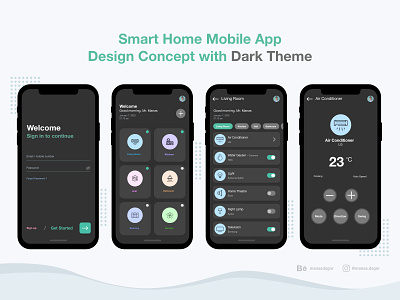 Smart Home Mobile App Design Concept with Dark Theme concept app design concept mobile app design concept app mobile app design smart app smart app home smart home smart home mobile app smart mobile app