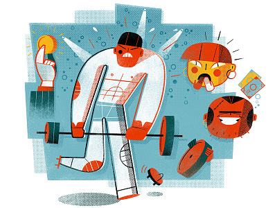 Doing Bad Business anna goodson illustration asian people character design digital illustration editorial illustration freelance illustrator illustration of asian male man exercising with weights man with weight lifting bar spot illustration strong asian man strong man