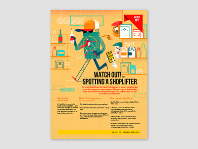 Watch Out!...Spotting A Shoplifter, spot illustration artist representative character design digital illustration editorial illustration employee magazine femsa freelance illustrator illozoo illustration in house magazine oxxo shoplifter spot illustration vector illustration