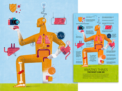 Full-Page Illustration: 'Amazing Things The Body Can Do' digital illustration editorial illustration freelance illustrator human body illozoo