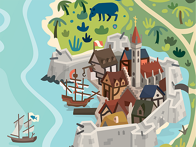 Map detail of Rumsmuggler atlas board game graphic illustration map pirate sea vector village