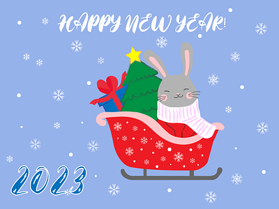 New Year Card 2023 card christmas cute design graphic design illustration logo new year rabbit sled snow snowflake tree vector winter