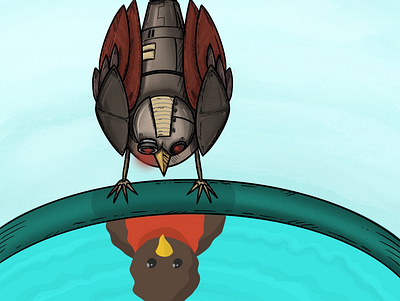 self-reflection. bird bird bath design illustration mech mech bird mecha procreate water