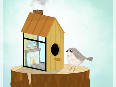 less house, more home. bird bird house design fly home house illustration procreate tree tree stump
