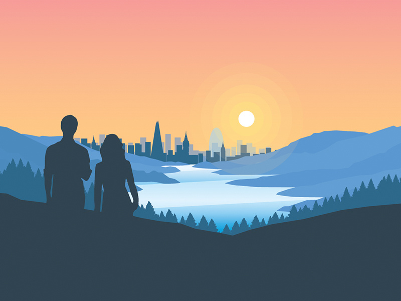 WIP city + countryside illustration texture depth minimal silhouette signage city sunrise warm flat illustration design landscape