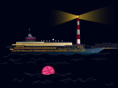 Hello Dribbble 2d after effects android app blue color debut illustration light house night sea ship