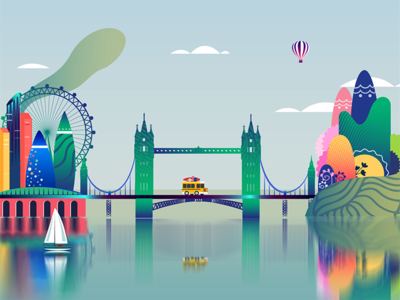 Magical London v2 boat bridge city forest future happy illustration london magic nature