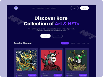 NFTs Marketplace Website bitcoin crypto crypto art cryptocurrency digital art habib header home page la landingpage marketplace nft nft landing page nft website nfts token ui website