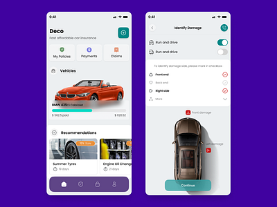 Car Insurance - Mobile App app car damage insurance mobile app payments policies run and drive transport ui ux design