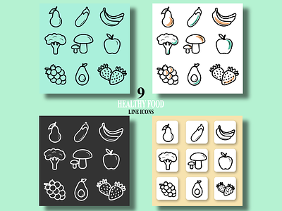 Healthy food line icons adobe illustrator app black and white calories cute design diet fitness food fruits green health healthy food illustration line icons vegetables vegetarian
