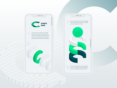 Coin's Dive / Logo & Brand Identity app brand branding coin crypto design gradient graphic graphic design green identity illustration iphone light logo logotype phone sychev ui white