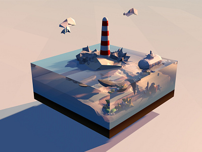 Sunset @ Lighthouse 3d c4d lighthouse lowpoly nature roccano submarine sunset turtle wales