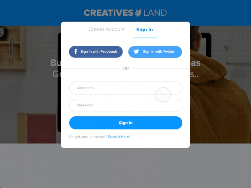 Login form animation create account creatives land designer developers form login marketplace modal register sign in