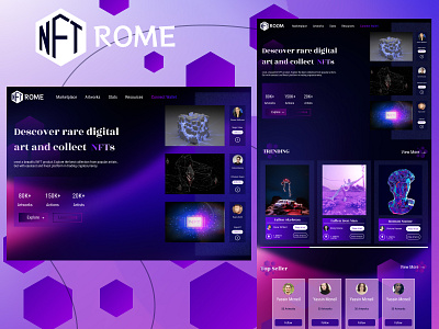 NFTROME - NFT Marketplace Landing UI artworks btc crypto development ethereum figma frontend graphicdesign logo nft nftwepsite ui uidesignchallenge uidesignpatterns uiux userinterfacedesign ux wallet wipsite xd