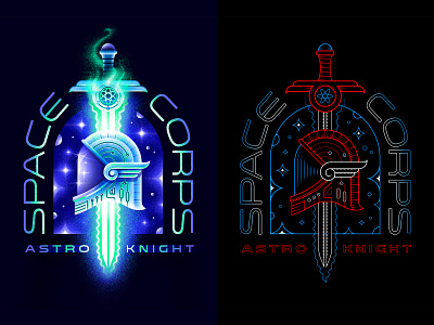 Astro Knight ⚔️ Badge Design astro astronaut badge badge design cyberpunk icon illustration illustrator jedi knight nasa outer space radioactive san diego scifi space space force spaceman sword synthwave