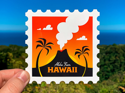 Hawaii Sticker Stamp adobe illustrator badge hawaii hawaiian icon illustration illustrator mid century palm tree polynesian postage postal service postcard retro san diego stamp tiki usps vector volcano