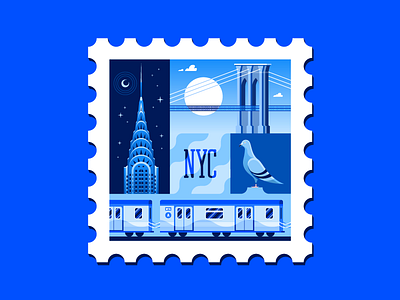 New York City Stamp brooklyn chrysler building downtown icon monochromatic new york city nyc pigeon postage stamp subway train