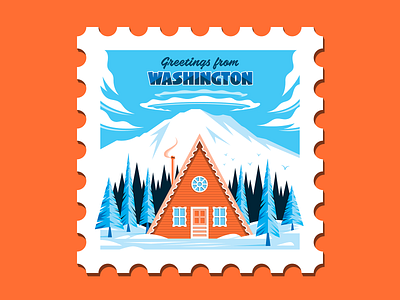 Mt. Rainier Stamp adobe illustrator cabin clouds design flat design icon illustration illustrator log cabin orange post card postage rainier seattle stamp stamps usps vector washington state winter scene