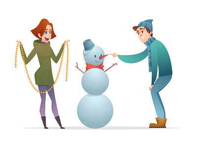 Lovers sculpt and dress up a snowman boy cartoon character christmas clothes design dressup festive girl illustration lovers man modern mood sculpt smile snowman vector winter woman