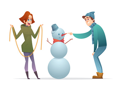 Lovers sculpt and dress up a snowman