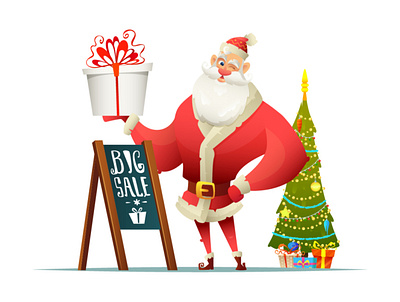 Santa is holding a gift. Christmas tree and discounts. beard cap cartoon character christmas christmas tree design festive gift graphic design illustration mood new year red sale santa smile vector website design wiking