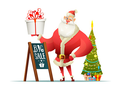 Santa is holding a gift. Christmas tree and discounts.