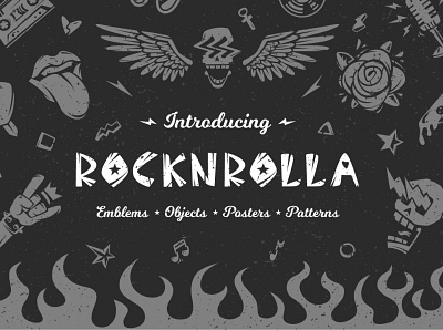 Rocknrolla branding clipart clothing design electric guitar elements emblem fire graphic design heavy metal logo objects icon oldschool pattern poster rock font rock music rock n roll stickers vector texture vintage