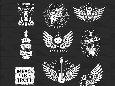 Rock logos, icons branding business card cartoon design graphic design guitar icons identity illustration interior logo modern motorcycle music objects rock rock n roll skull vector wings