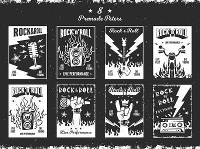 Rock and roll posters black and white branding business card design electric guitar emblem flayer graphic design grunge heavy metal label logo music retro rock rock n roll scull vector vintage wings
