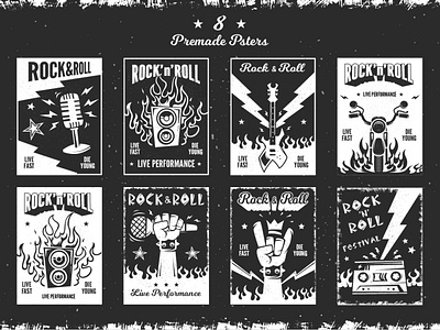 Rock and roll posters black and white branding business card design electric guitar emblem flayer graphic design grunge heavy metal label logo music retro rock rock n roll scull vector vintage wings