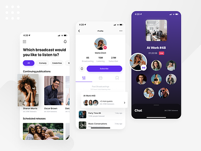 Broadcast App app chat clubhouse feed profile social social media stream streaming twitch ui ux voice voice chat