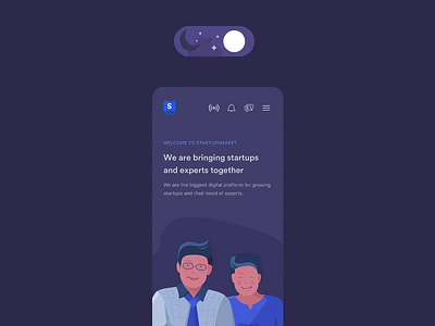Day and Night Modes for Mobile App animation clean dark mode day design dim illustration interaction layout night responsive startup toggle ui ux