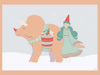 The Gift Traveler animals card christmas design digital drawing digital illustration dinosaur greeting card illustration triceratops winter