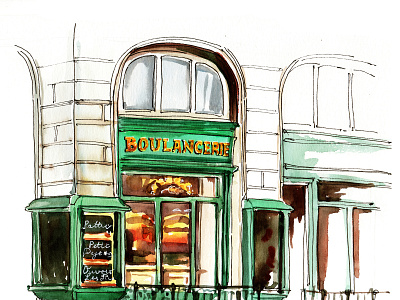 Boulangerie architecture art building cafe commercial illustration hand painted illustration restaurant sketch watercolor