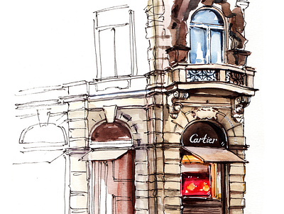 Cartier shop architecture art building cafe commercial illustration hand painted illustration shopping sketch watercolor
