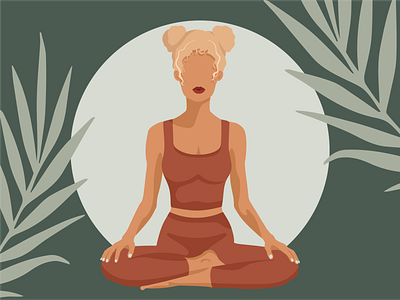 Blonde hair girl in Lotus pose Yoga Meditation graphic design illustration plants