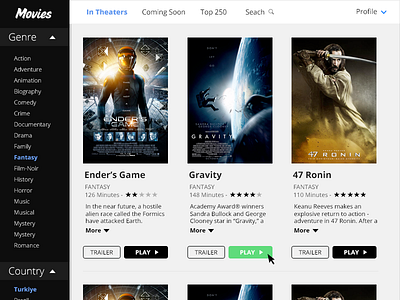 Movie Ui app design film filters gadget menu movie poster ui