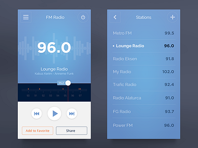 FM Radio UI application blue equalizer list mobil play radio share ui ux