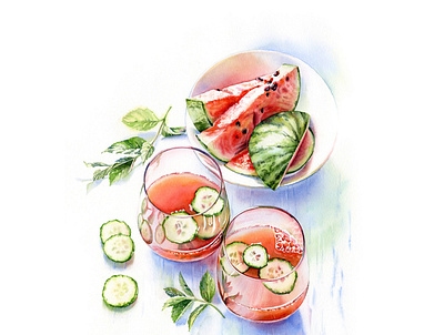 Watercolor watermelon drink illustration cocktail drink food fresh fruit glas mint painting recipe still life watercolor watermelon