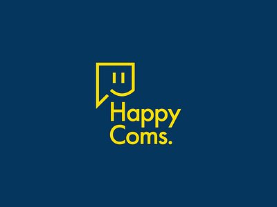 Happy Coms Logo branding chat clean communications coms conversation cute eyes face geometric happy identity logo mark minimalist outline social speak speech bubble talk