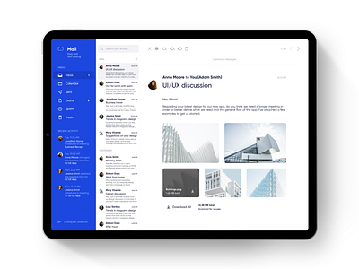 Mail Client activity app application blue clean client design download easy email inbox interface list mail minimalist preview sidebar simple ui web