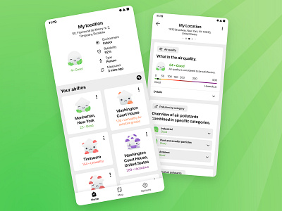 Air Quality Monitoring App air air quality aqi cards components emoji faces green happy header health homescreen layout location mask scale ui ux widgets