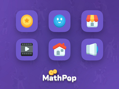 MathPop Game Icons app button calculus cartoon coing colorful face film gold house icons illustration math movie shop speaker store ui video volume