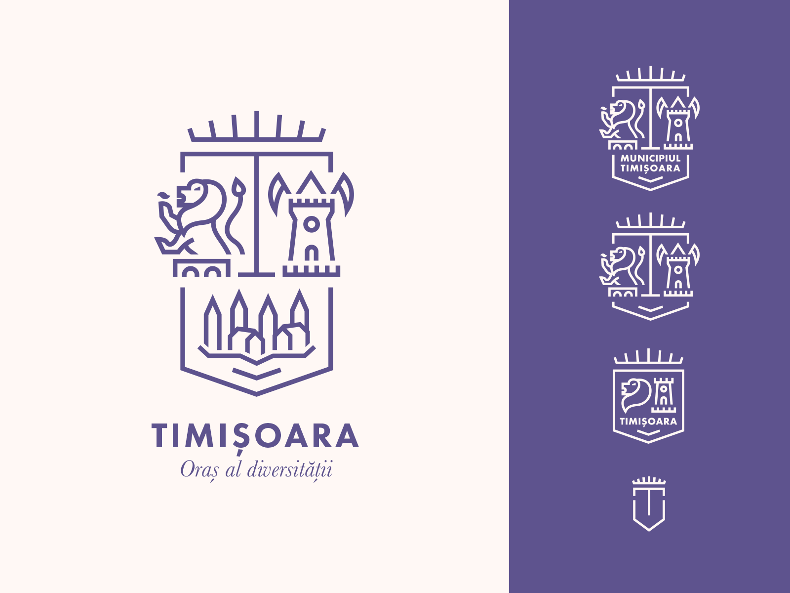 Timișoara City Responsive Logo branding branding design city coat of arms icon identity lion logo multiple versions outline outlines purple rebrand rebranding redesign responsive logo romania timisoara tower violet