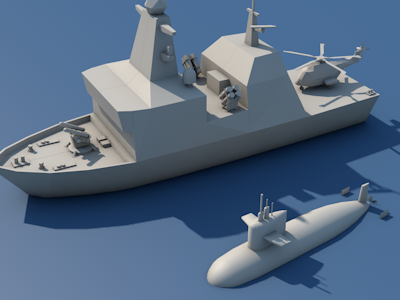 Frigate + Sub asw cinema 4d flatshaded frigate helicopter low poly model render submarine