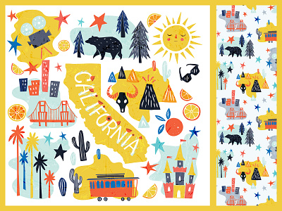 California Map and Tourism Symbols - Illustration and pattern branding california design emblem fun graphics hand drawn icon illustration lettering map map illustration modern spot illustration tourism typography vector