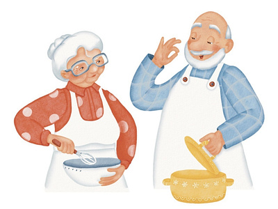 Grandma and grandpa character design children illustration cooking time digital watercolor family fun story grandma grandpa set of characters